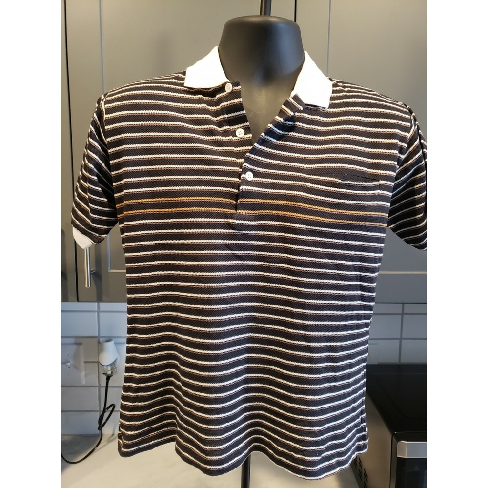 DEME Boys Striped Short Sleeve Polo Shirt Black White Tan Size Medium NWT